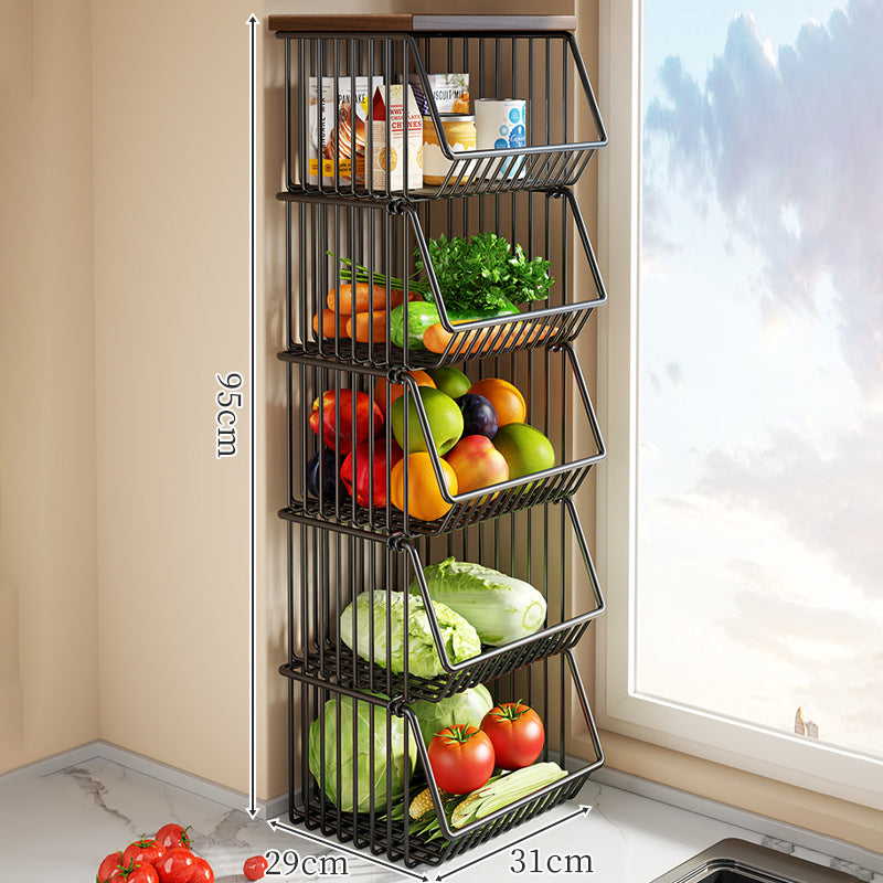 Countertop Wooden-Top Metal Wire Produce Storage Basket with Front-Tilt Access