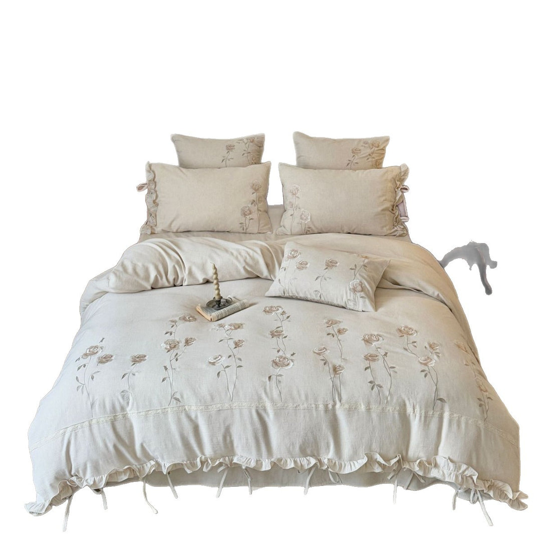 Embroidered Rose Linen‑Feel Ruffled Duvet Cover Set with Ties
