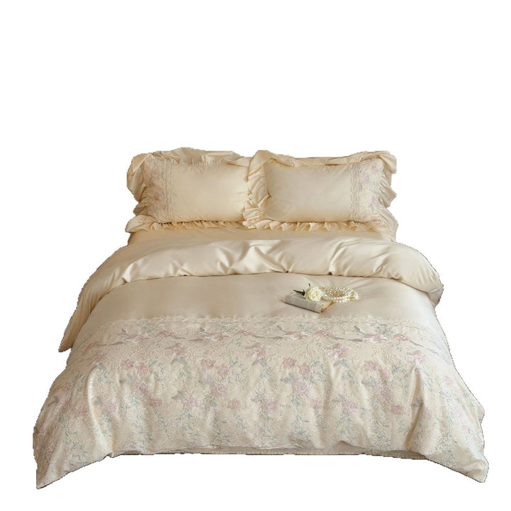 Elegant bedding set made of cotton satin with floral jacquard embroidery and ruffled pillow