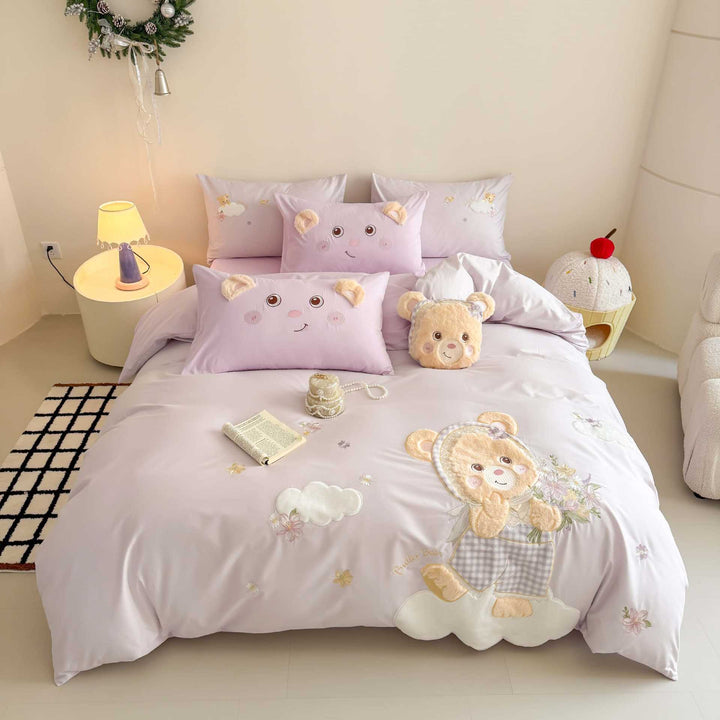 Teddy Appliqué Cotton Sateen Duvet Cover Set with Plush Ear Pillowcases