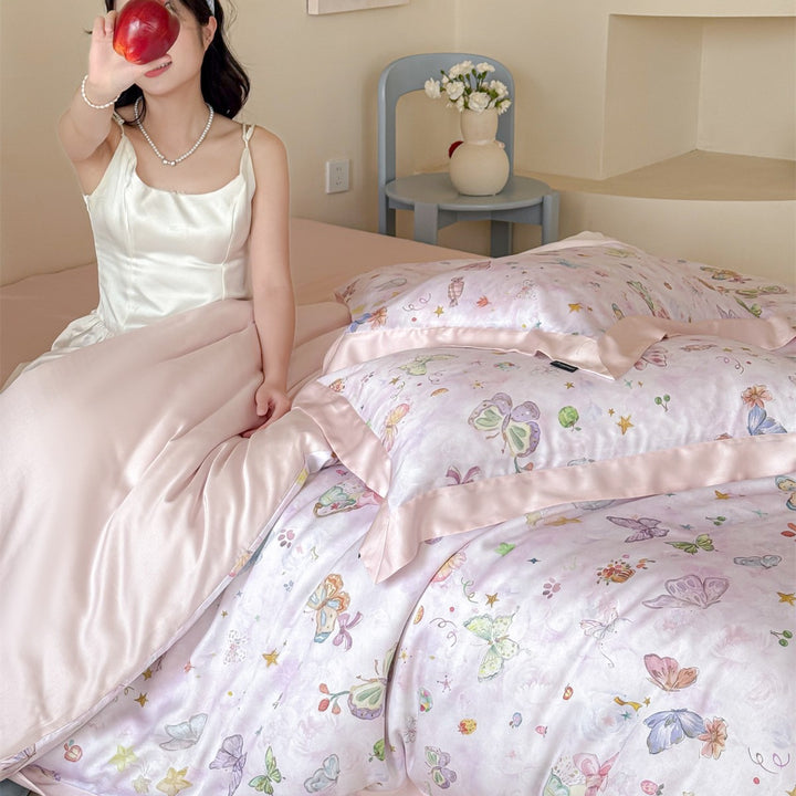 Silky Satin-Feel Reversible Butterfly Print Duvet Cover Set with Satin-Trim