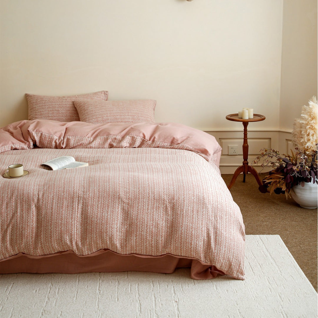 Breathable Organic Cotton Pinstripe Botanical Duvet Cover & Sham Set