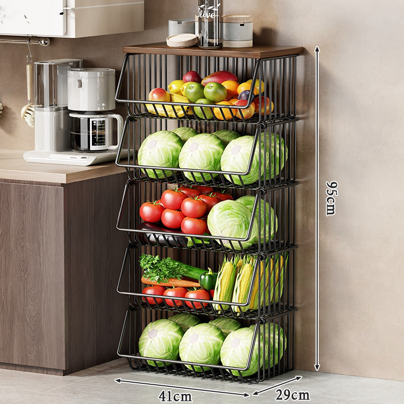 Slim Vertical Multi-Tier Fruit and Vegetable Storage Cart with Wood Top and Locking Casters