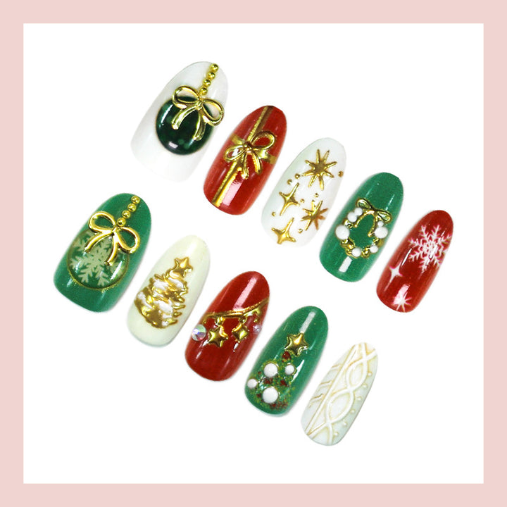 Artificial nail set with festive Christmas motifs and glamorous gold decorations Stornfield
