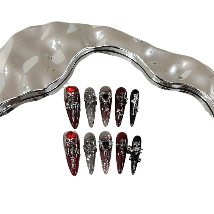 Gothic-Themed Press-On Nail Art Set with Unique Silver Accents