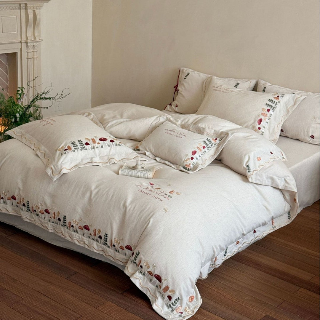Embroidered Cotton Duvet Cover Bedding Set with Ruffled Edges