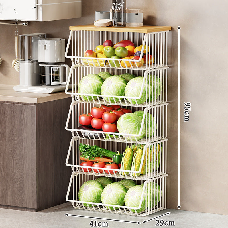 Slim Vertical Rolling Wire Produce and Pantry Organizer Cart with Wood Top