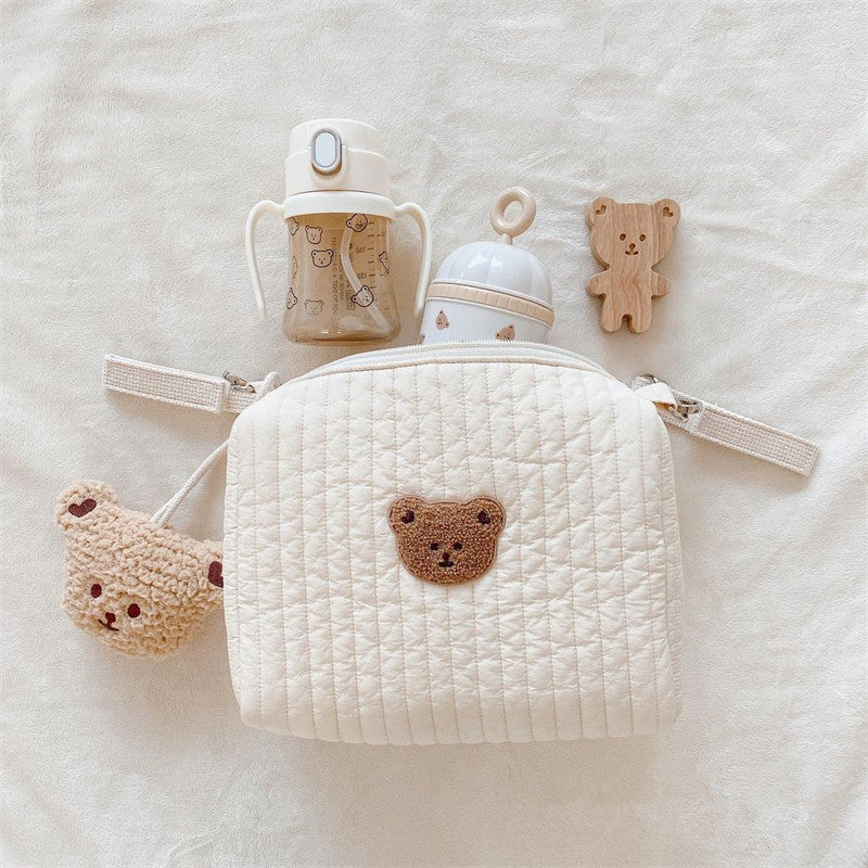 Quilted Padded Nursery Diaper Bag with Teddy Appliqué and Removable Strap