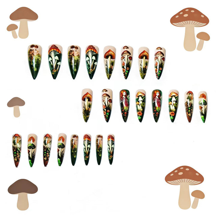 Creative artificial nails with playful fairy and mushroom design Stornfield