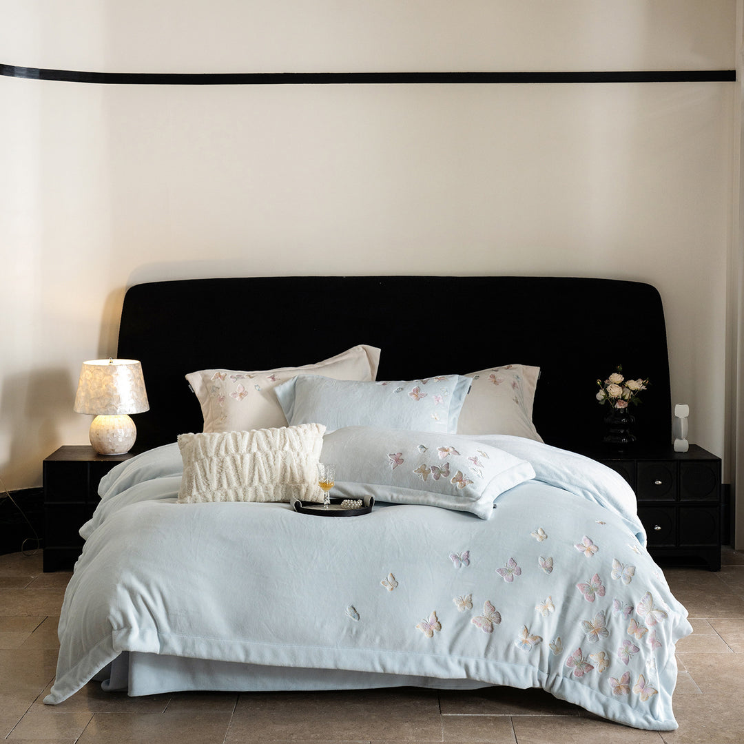 Embroidered Pastel Butterfly Washed Cotton-Linen Duvet Cover Ensemble