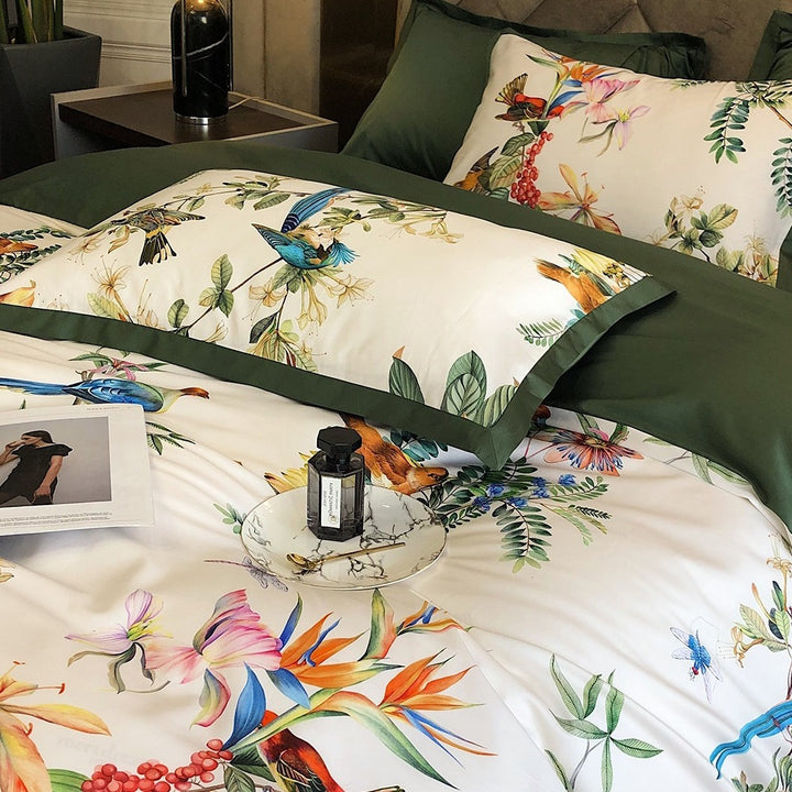 Luxurious cotton satin bedding set with exotic bird and botanical print