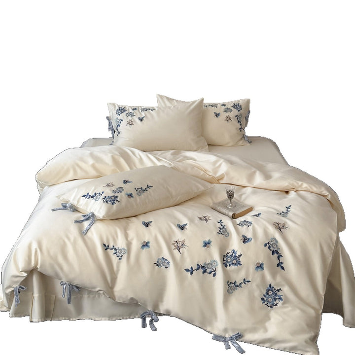 Embroidered Floral Cotton Sateen Duvet Cover Set with Tie Closures