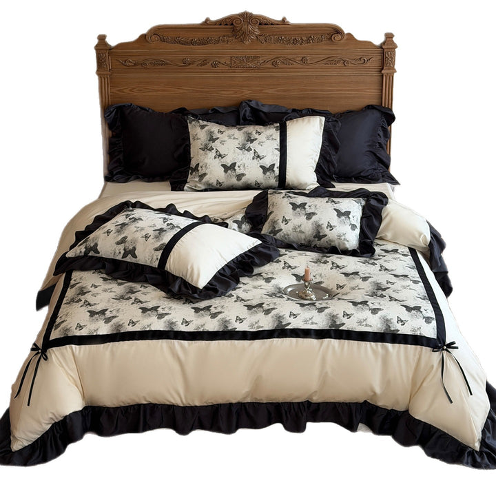 Butterfly-Illustration Ruffled Duvet Cover Set with Satin Ribbon Ties & Frilled Shams
