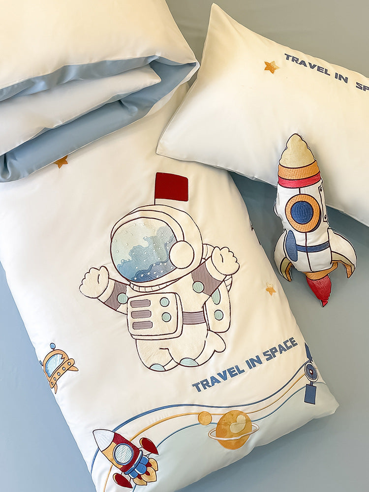 Children's Space-Themed Cotton Sateen Duvet Cover Bedding Set with Embroidered Astronaut & Rocket Motifs