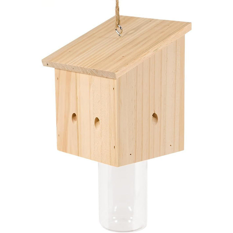 Hanging wooden bird feeder with glass jar seed reservoir and natural jute hanger Stornfield