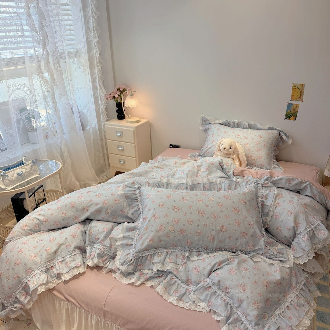 Ruffled Floral Lace-Trim Duvet Cover Set with Pillow Shams