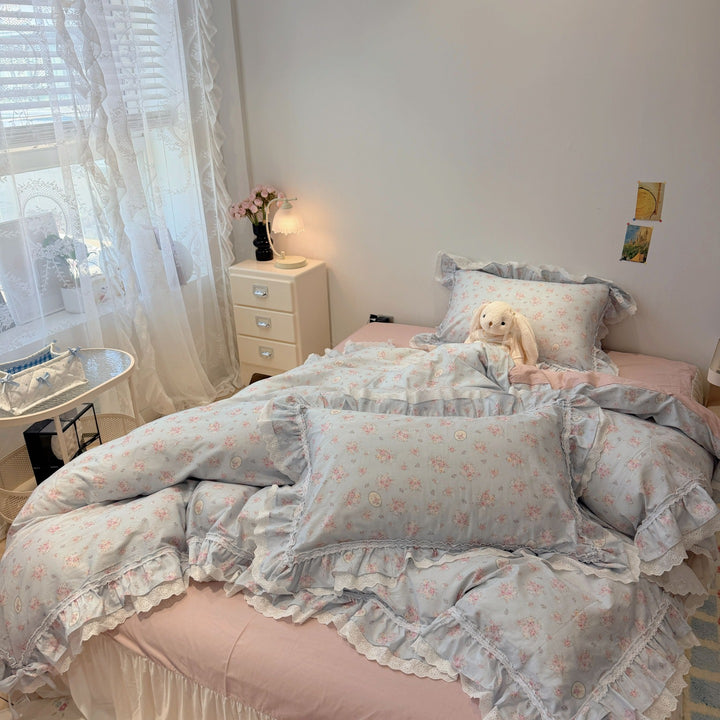 Ruffled Floral Lace-Trim Duvet Cover Set with Pillow Shams
