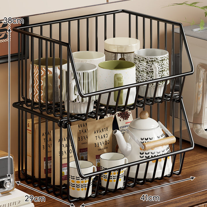 Four-Tier Tall Rolling Wire Pantry and Mug Storage Cart with Deep Slanted Baskets
