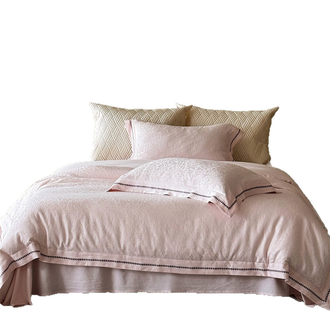 Jacquard Cotton Sateen Duvet Cover Set with Embroidered Leaf Border and Oxford Shams