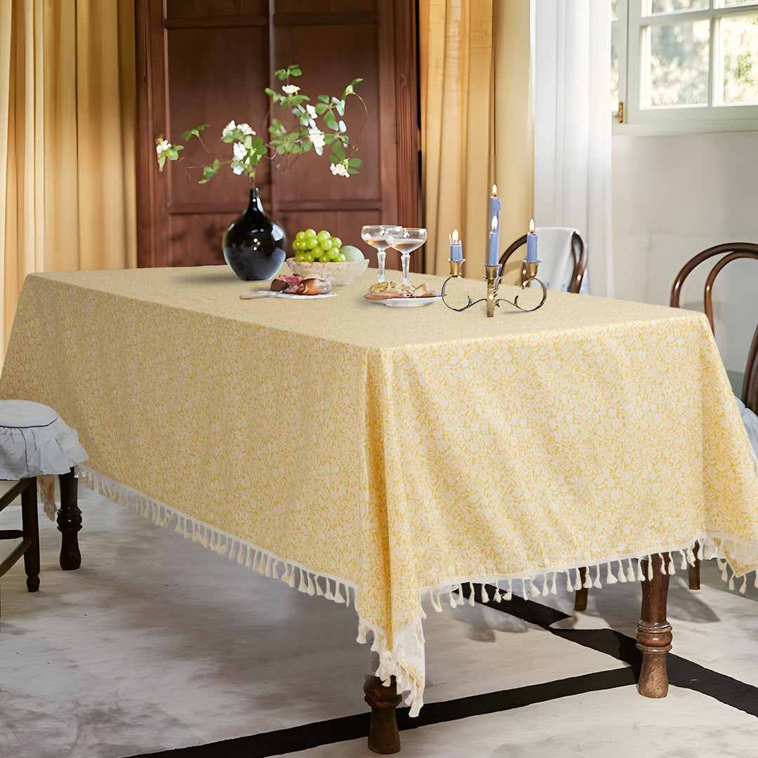 Rectangular tablecloth with floral Millefleurs print and cotton tassels Stornfield