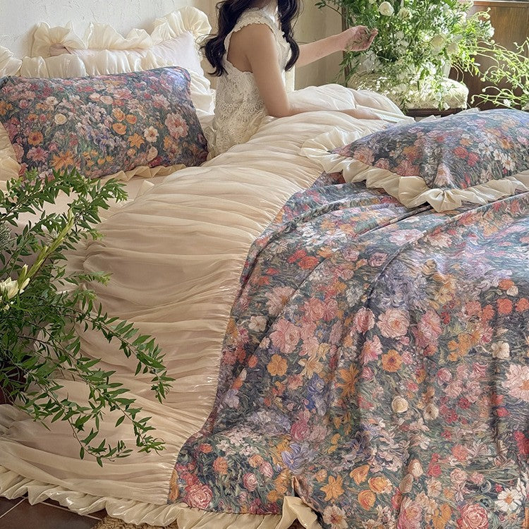 Floral bedding set with vintage painting print, ruffled pillow and gathered bedspread