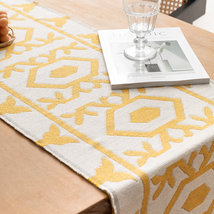 Modern cotton table runner with geometric line jacquard Stornfield