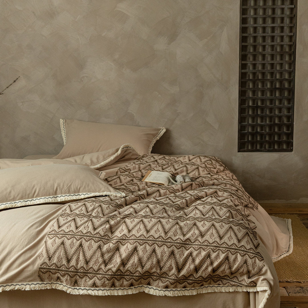 Organic Linen Embroidered Duvet Cover Set with Pom Trim
