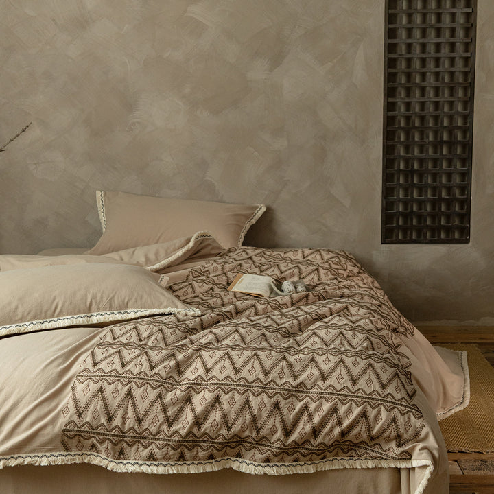 Organic Linen Embroidered Duvet Cover Set with Pom Trim