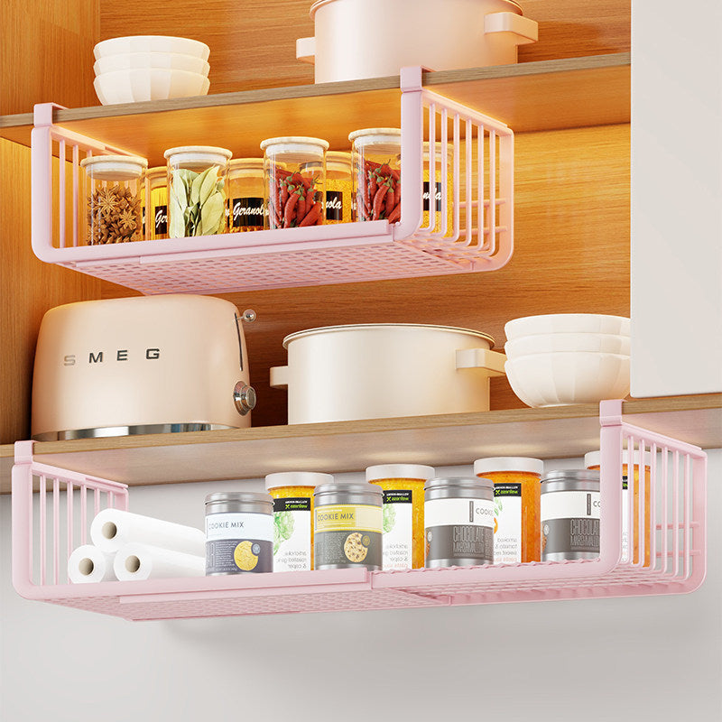Under-Shelf Sliding Hanging Kitchen Storage Basket Organizer with Ventilated Metal Base and Rail Mount