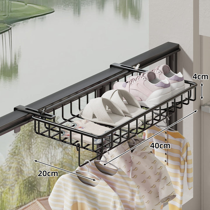 Balcony Railing Hanging Shoe and Drying Rack with Wire Basket and Adjustable Clamp