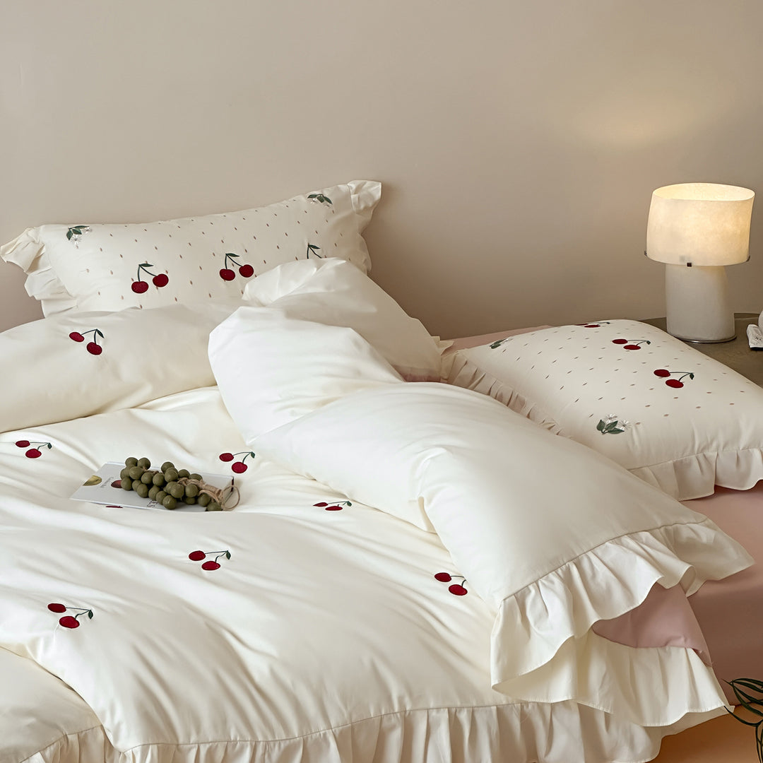 Romantic cotton satin duvet cover set with cherry embroidery, ruffle and reversible function