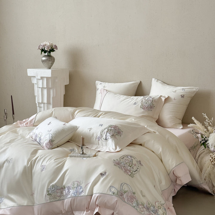 Luxurious satin bedding set with floral embroidery