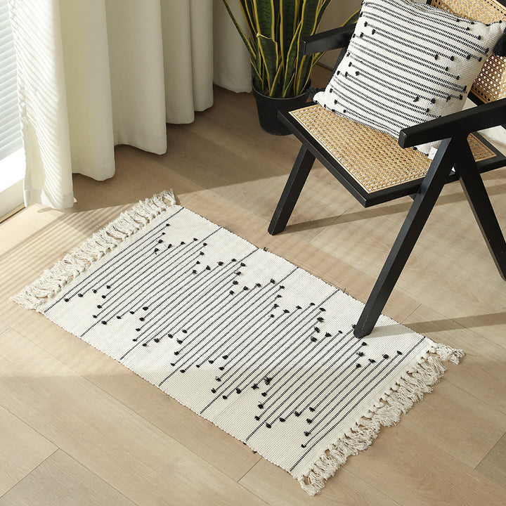 Cotton runner rug with fringes and geometric texture pattern Stornfield