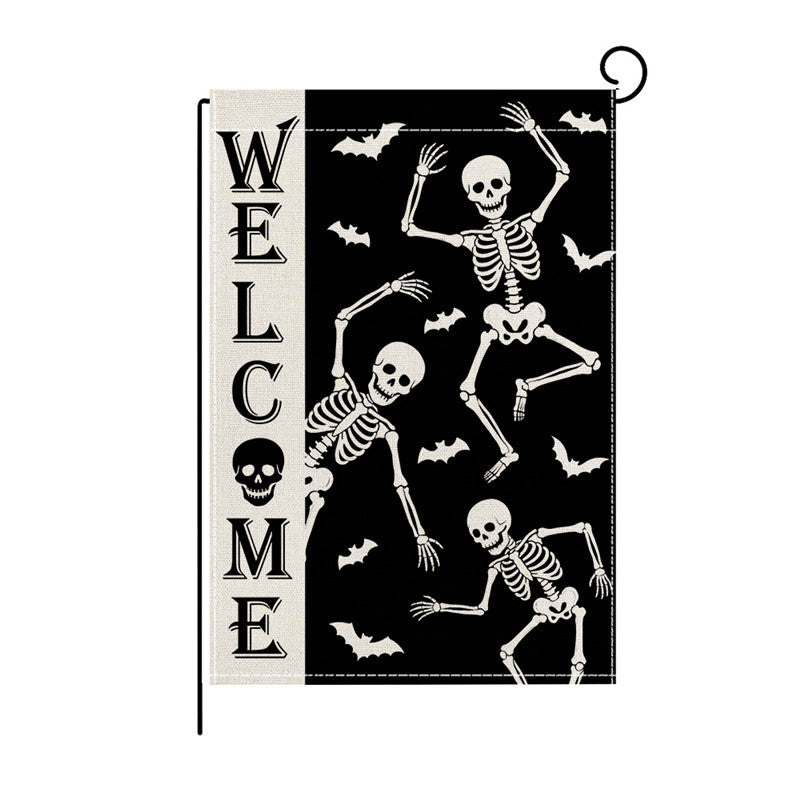 Outdoor Halloween Garden Flag Double-Sided Polyester Yard Banner with Skeleton and Jack-o'-Lantern Illustration