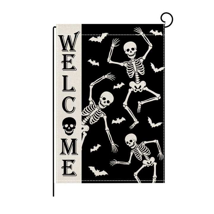 Outdoor Halloween Garden Flag Double-Sided Polyester Yard Banner with Skeleton and Jack-o'-Lantern Illustration