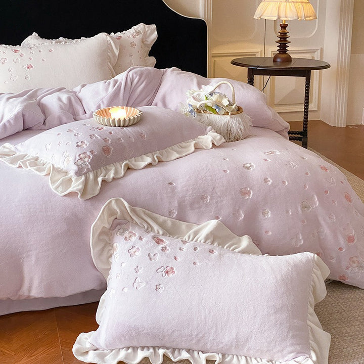 Soft Brushed Cotton Floral Embroidered Ruffled Duvet Cover & Sham Set
