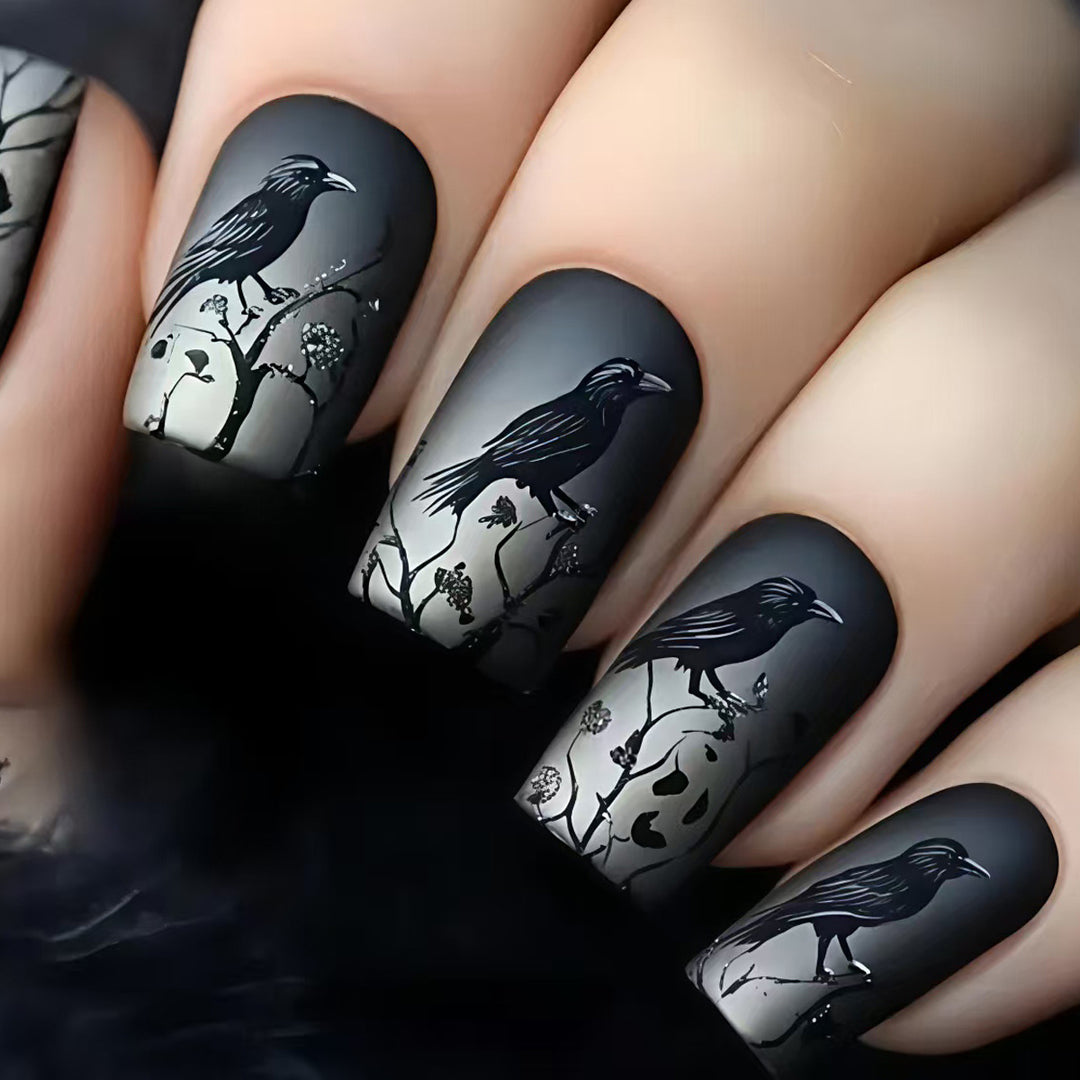 Creative skull and crow design artificial nails Stornfield