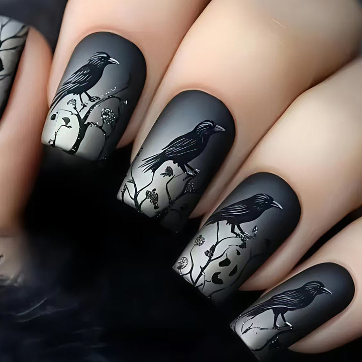 Creative skull and crow design artificial nails Stornfield