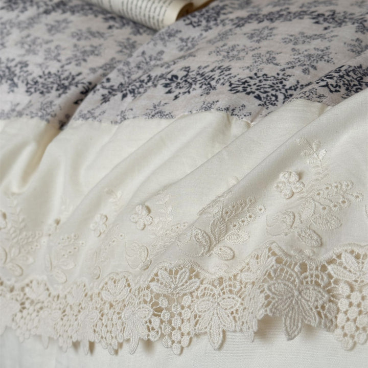 Cottage Lace-Panel Floral Quilt-Style Duvet Cover Set with Frilled Hem