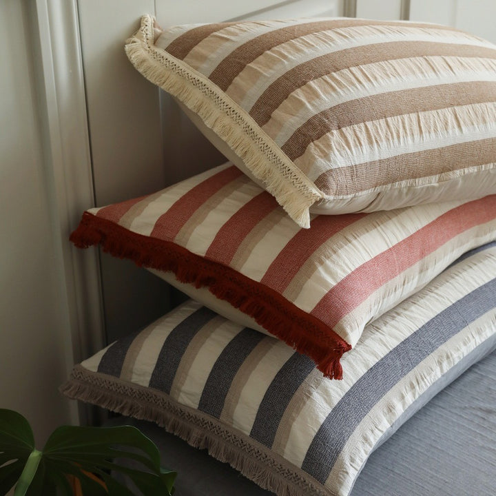 Striped Cotton-Linen Duvet Cover Set with Textured Fringe Trim