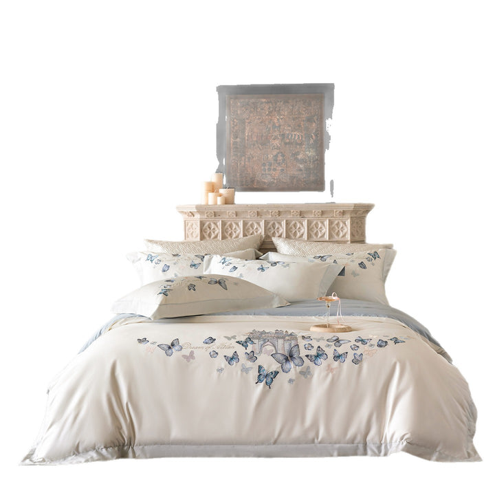 Embroidered Butterfly Satin Duvet Cover Set with Decorative Pillow Shams