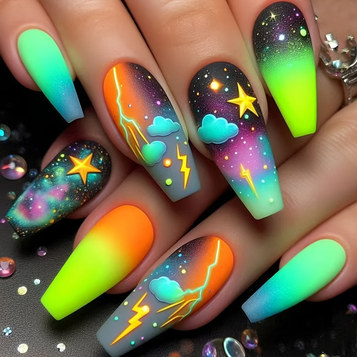 Creative acrylic nails with neon galaxy design Stornfield