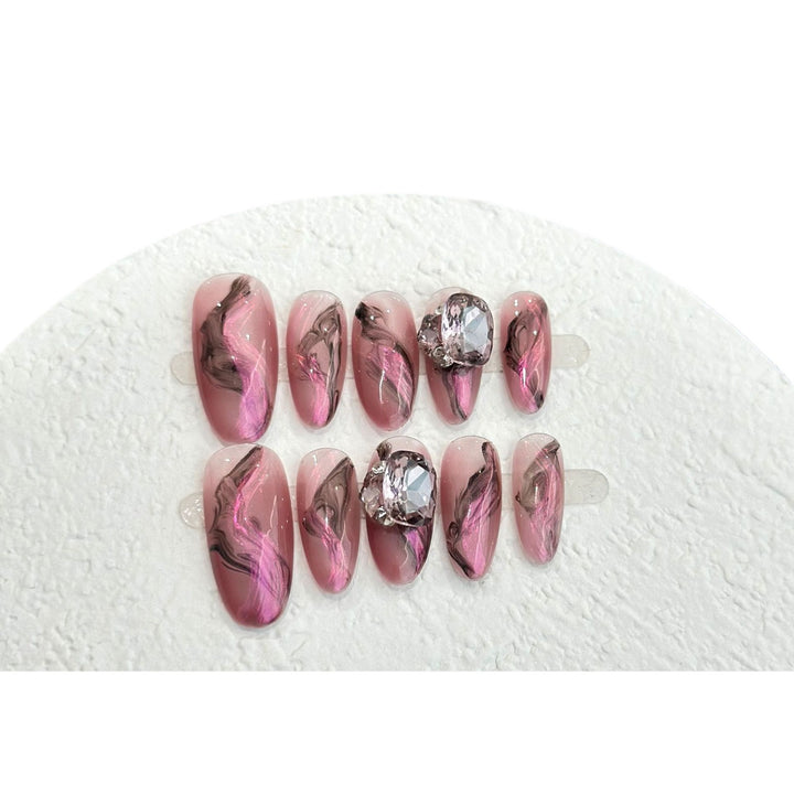 Artistic Marble-Design Press-On Nail Set with Gemstone Accents