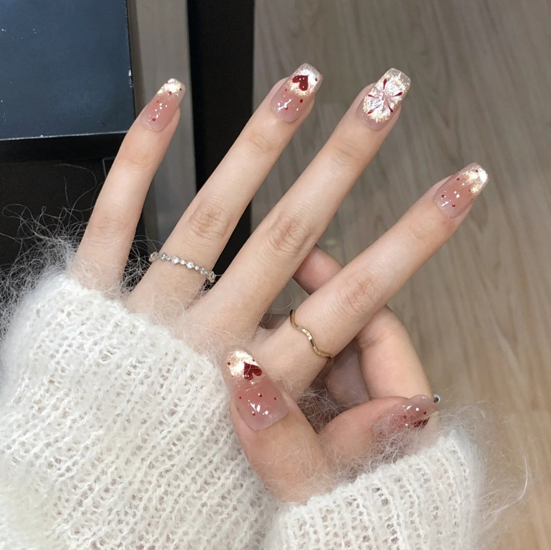 Artistic Press-On Nail Set with Heart and Design Accents Stornfield