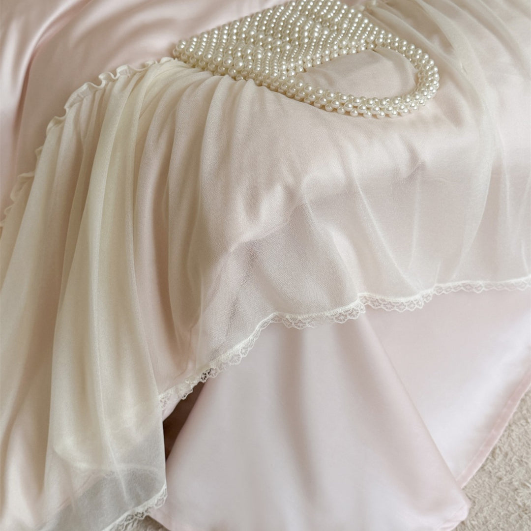 Luxury Satin-Blend Embroidered Comforter Ensemble with Sheer Ruffled Skirt & Decorative Bolster