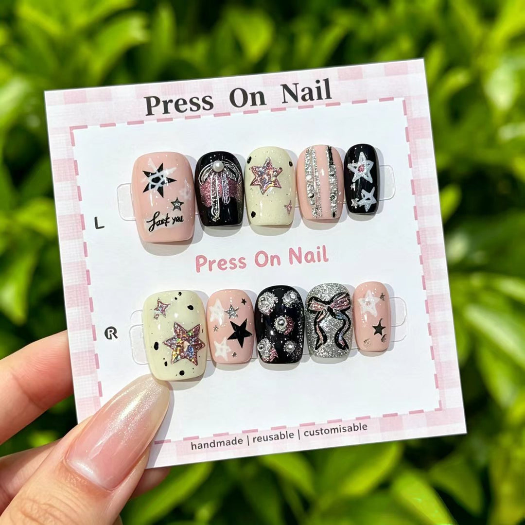 Decorative Press-On Nail Set with Gem Accents  1791774365