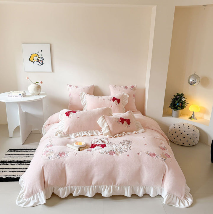 Embroidered Dog & Bow Ruffled Duvet Cover Set with Scalloped Ruffle Skirt and Decorative Pillow Shams