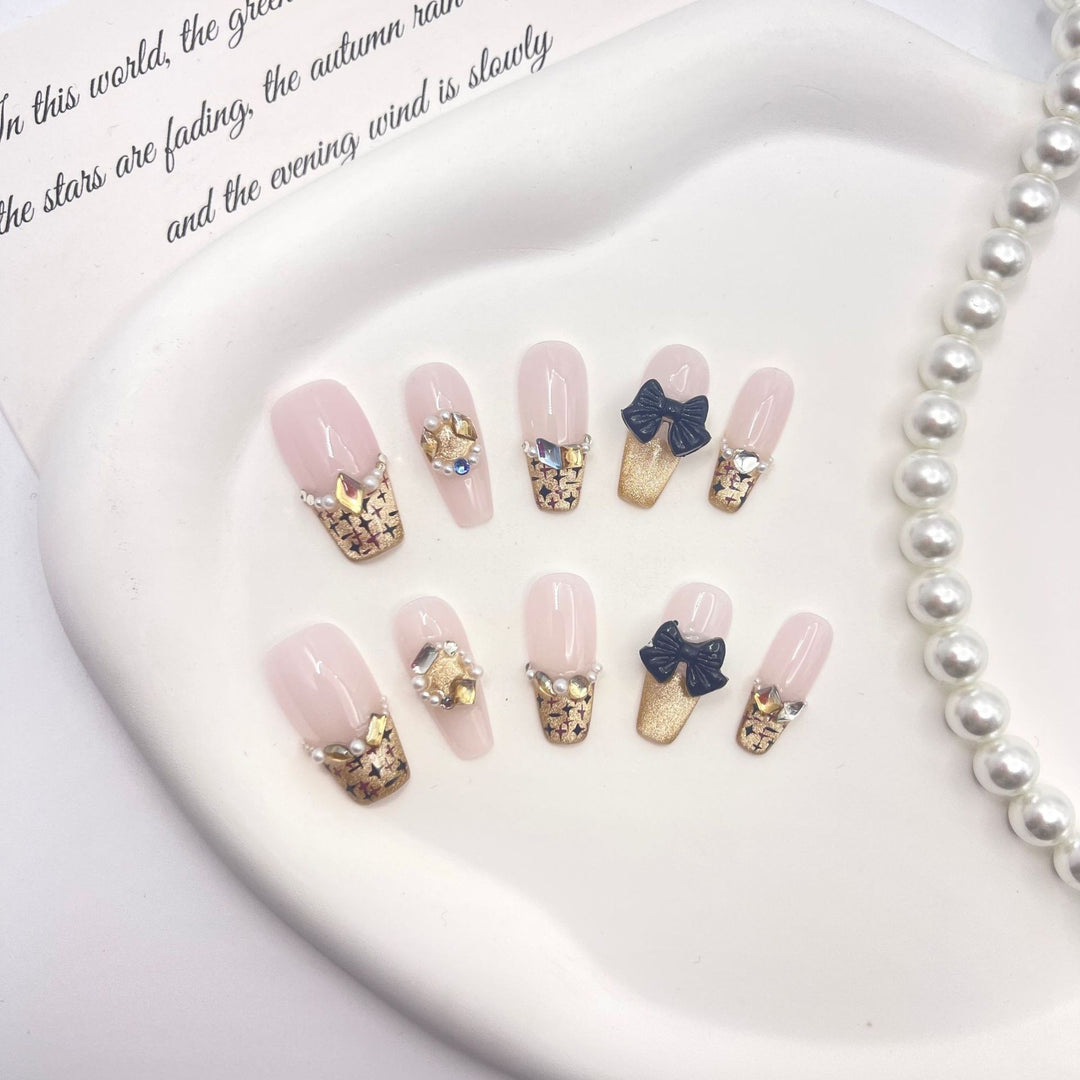 Decorative Press-On Nail Art Set with Gem Accents