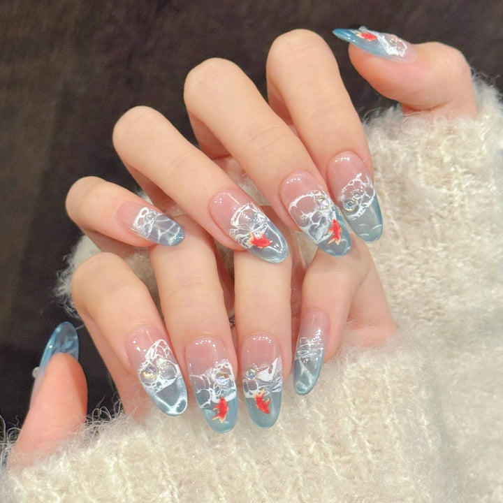 Artistic Press-On Nail Set with Unique Hand-Painted Design