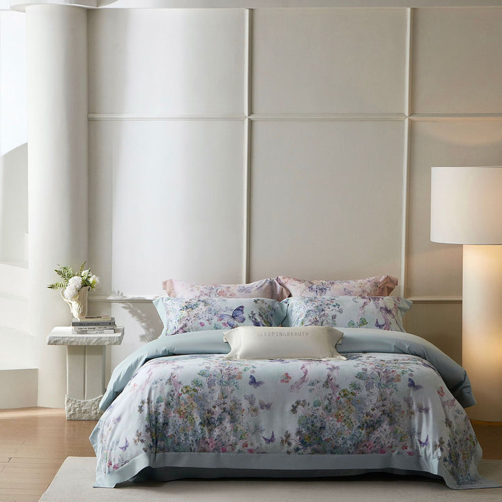 Luxury Floral Cotton Sateen Duvet Cover Set with Contrast Hem and Pillow Shams